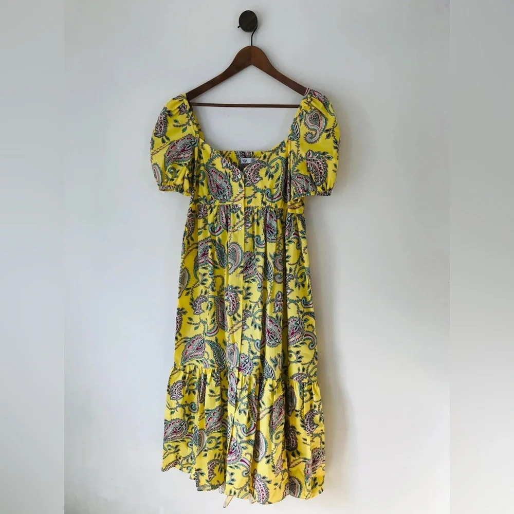 Zara Yellow Paisley Puff Sleeve Midi Dress | Size M | Has Pockets!! - Picture 4 of 12